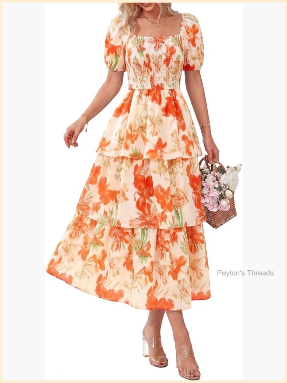 Square Neck Smocked Maxi Dress Puff Short Sleeve Tiered Ruffle Floral Wedding